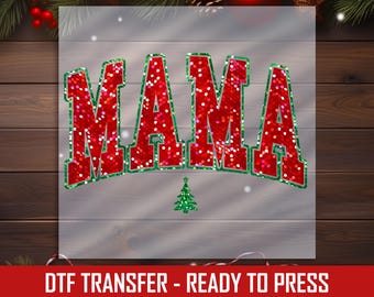 Mama Christmas Sequin DTF Transfer, Ready to Press, Holiday Shirt Design