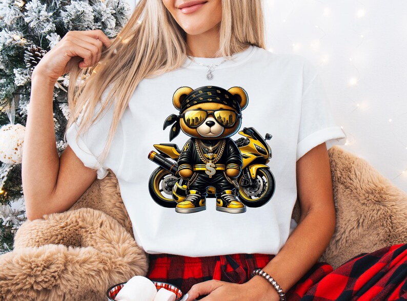a woman wearing a t - shirt with a teddy bear on it