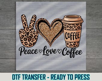 Peace Coffee DTF Transfer, Leopard Print Hand Sign, Heart Graphic