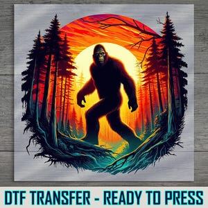 Sasquatch DTF Transfer, Bigfoot Silhouette Sunset, Forest Cryptid Design, Ready to Press, DIY Apparel, Camping Lover, Easy to Apply
