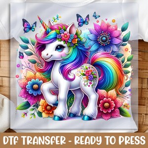 Standing Unicorn DTF Transfer, Rainbow Hair and Flowers, Ready to Press, DIY Baby Apparel, Cute Unicorn Gift, Heat Press Design