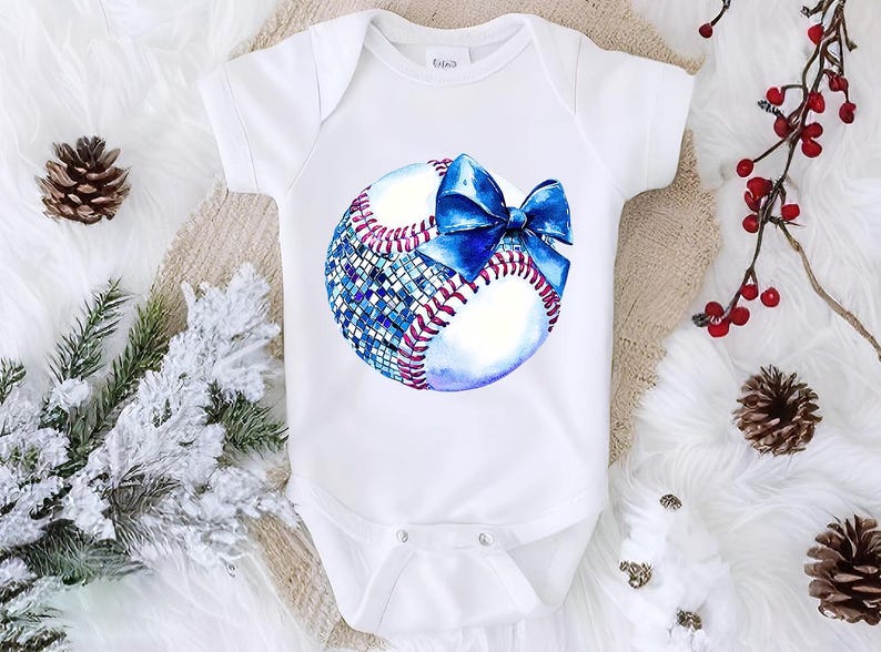 a baby bodysuit with a baseball and a bow on it