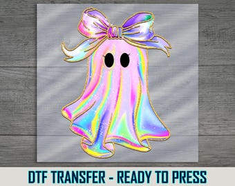 Rainbow Sparkly Bow Ghost DTF Transfer, Halloween Iron-On