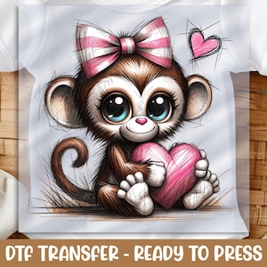 Monkey Valentine&#39;s DTF Transfer: Pink Heart Design, Ready to Press