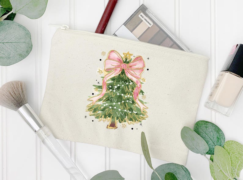 a makeup bag with a christmas tree on it