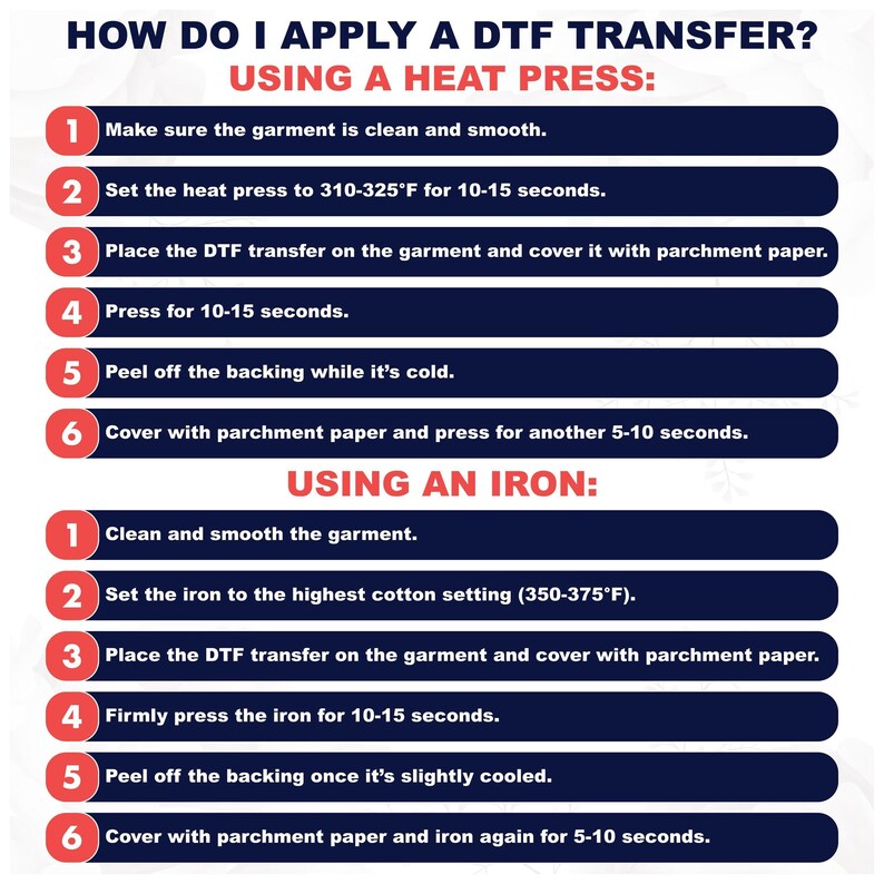 The image provides step-by-step instructions on how to apply a DTF (Digital Transfer Factory) using a heat press, with a focus on using an iron to transfer the ironed garment.