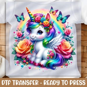Baby Unicorn DTF Transfer, Rainbow and Flowers Design, Ready to Press, DIY Baby Apparel, Cute Unicorn Gift, Heat Press for Baby Clothes