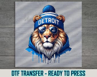 Detroit Lion Mascot DTF Transfer, Sunglasses, Ready to Press