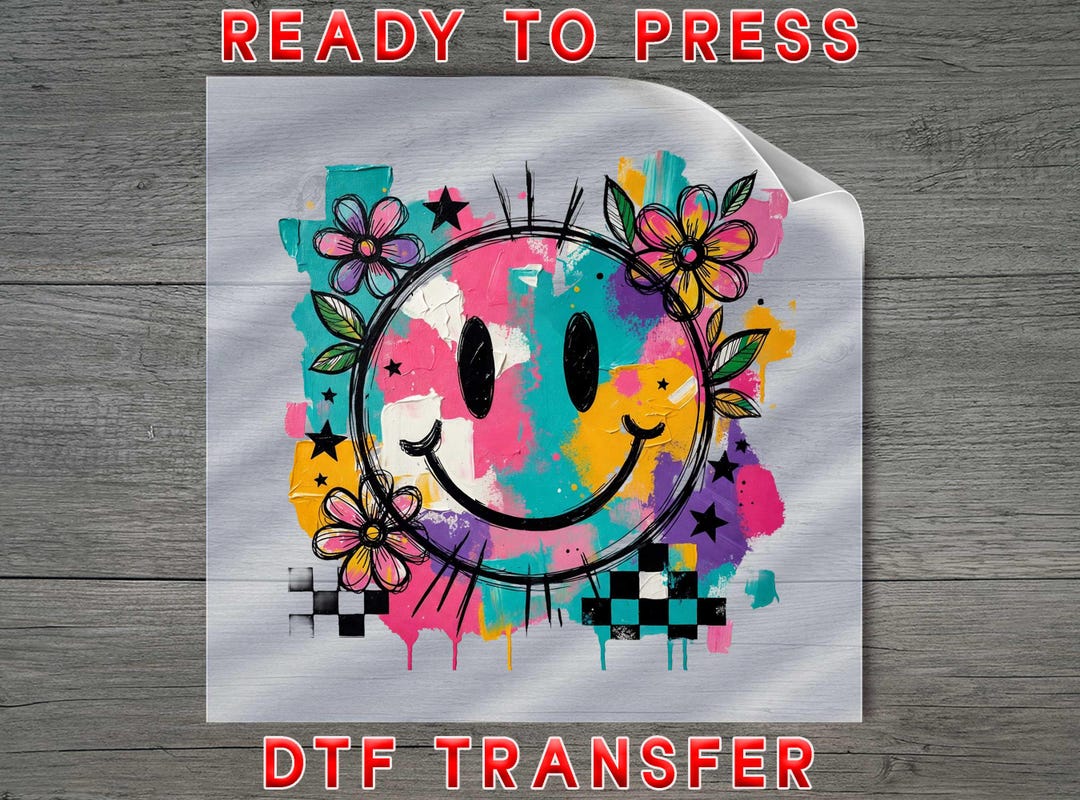 Abstract Smiley Face DTF Transfer, Floral Retro Colors (ready to Press ...