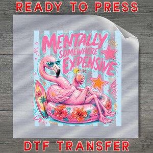 May include: A DTF transfer sheet featuring a pink flamingo wearing blue sunglasses, lounging in a floral pool float with a cocktail and surfboard. The text reads MENTALLY SOMEWHERE EXPENSIVE in pink, set against light blue vertical stripes and stars.