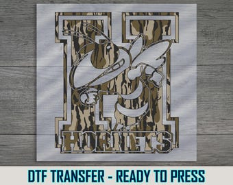Hornets Camo DTF Transfer, Sports Team Design, Ready to Press, DIY Apparel, Heat Press Print, Perfect for Fans and Players
