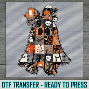 Patchwork Halloween Ghost DTF Transfer, Autumn Cat Skull Shirt Press Tee Print