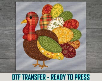 Rustic Quilted Turkey DTF Transfer, Autumn Harvest Apparel Ready To Press Shirt Print