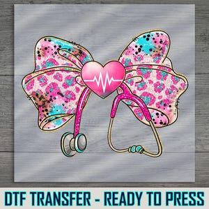 Medical Bow Dtf Transfer, Pink Teal Leopard Sparkle Nurse Heart with Stethoscope, Ready to Press Design, Cute Nursing Shirt Idea