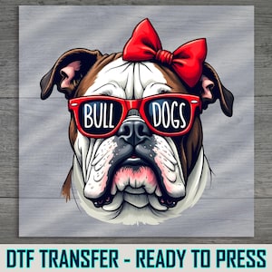 Red Bow Bulldog DTF Transfer: Iron-On Dog Art