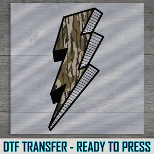 Camo Lightning Bolt DTF Transfer, Stylish Camouflage Design for Hunting and Outdoor Apparel, Ready to Press for a Unique Look