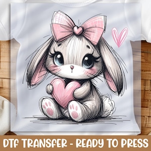 Bunny with Pink Heart DTF Transfer: Valentine's Iron-On Art