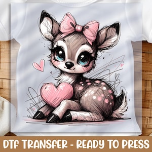Adorable Deer DTF Transfer, Pink Heart Design for Valentine's, DIY Ready Iron-On Print, Easy to Press, Cute Animal Apparel Art