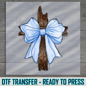 Rustic Cross with Blue Bow DTF Transfer: Christian Easter Design