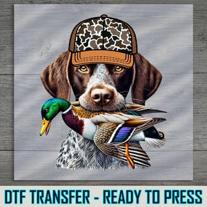 Hunting Dog DTF Transfer, Duck with Camo Hat Design, Ready to Press, DIY Apparel Art, Perfect for Outdoor Enthusiasts and Hunters