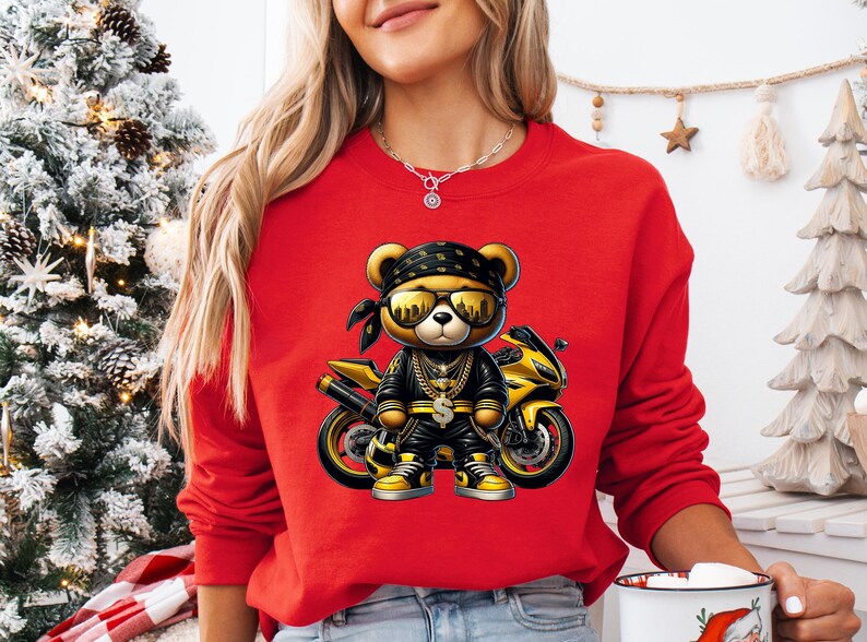 a woman wearing a red sweater with a teddy bear on it