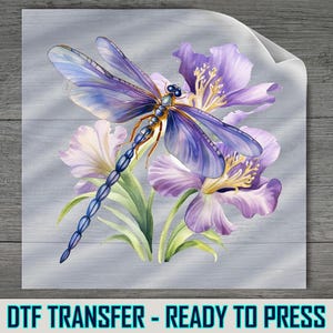 Dragonfly Flower DTF Transfer: Violet Dragonfly Botanical Nature Design