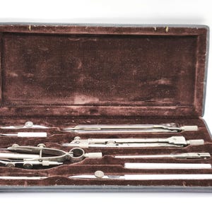 Instrumentos de desenho vintage KIN Precis 627, conjunto de desenho mecânico, ferramentas de desenho arquitetônico e de engenharia, conjunto de compasso, kit de desenho