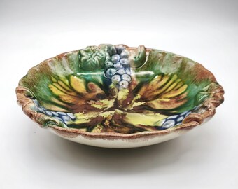Vintage Ceramic Fruit Bowl, Colourful Majolica Dish, Decorative Centrepiece, Grape Pattern Fruit Plate