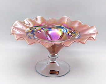 Vintage M. Polczer Carnival Glass Compote, Metallic Glass Footed Bowl, Hand Made Iridescent Centerpiece, Opalescent Serving Dish