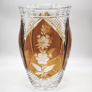 Vintage Extra Large Bohemian Crystal Vase, Cut To Clear Amber Vase with Hand-Engraved Flowers, Lead Crystal Large Centrepiece