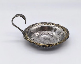 Vintage V. Nelle Promotional Tea Strainer, Dutch Silverplate PLEET, Elegant Over-the-Cup Strainer for Loose Tea, Silver and Gold Tea Infuser