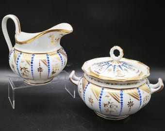 Azucarero y jarra de leche de porcelana estilo Coalport antiguo, juego de té de porcelana georgiana Regency, vajilla inglesa para el té.