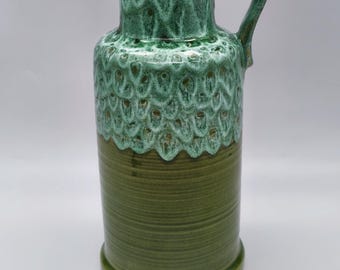 Jarrón de cerámica vintage de la RDA, jarrón de lava de Alemania del Este con asa, jarrón artístico Gräfenroda, pieza central decorativa verde, jarra bicolor.