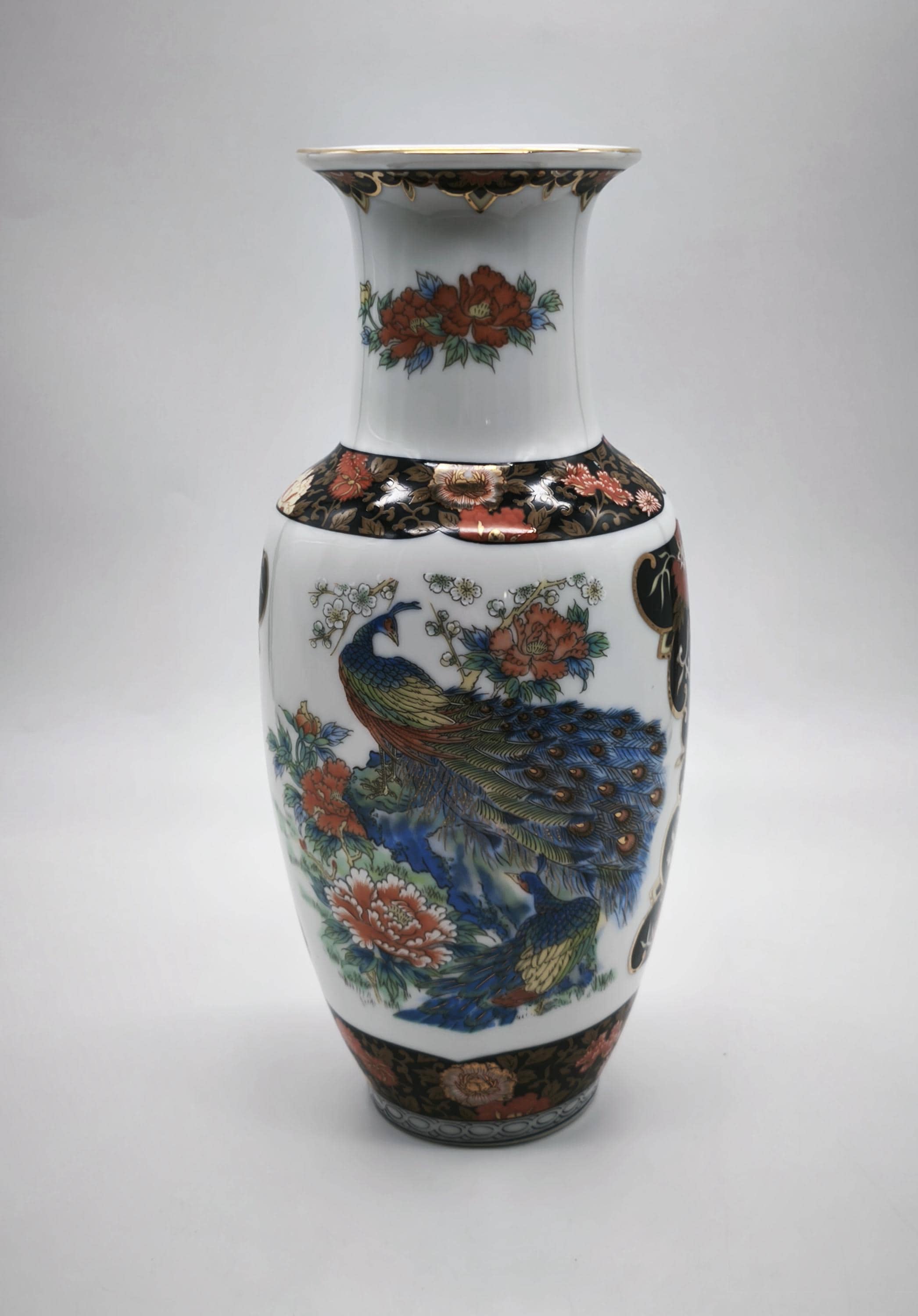 Vintage Royal Peacock Porcelain Vase, Floral Japanese Centrepiece