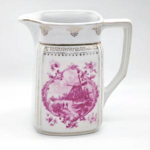 Antique Water Pitcher, 19th Century Rectangular Jug, Rare Pink Rose Windmill Scene Pitcher, Gold Gilt