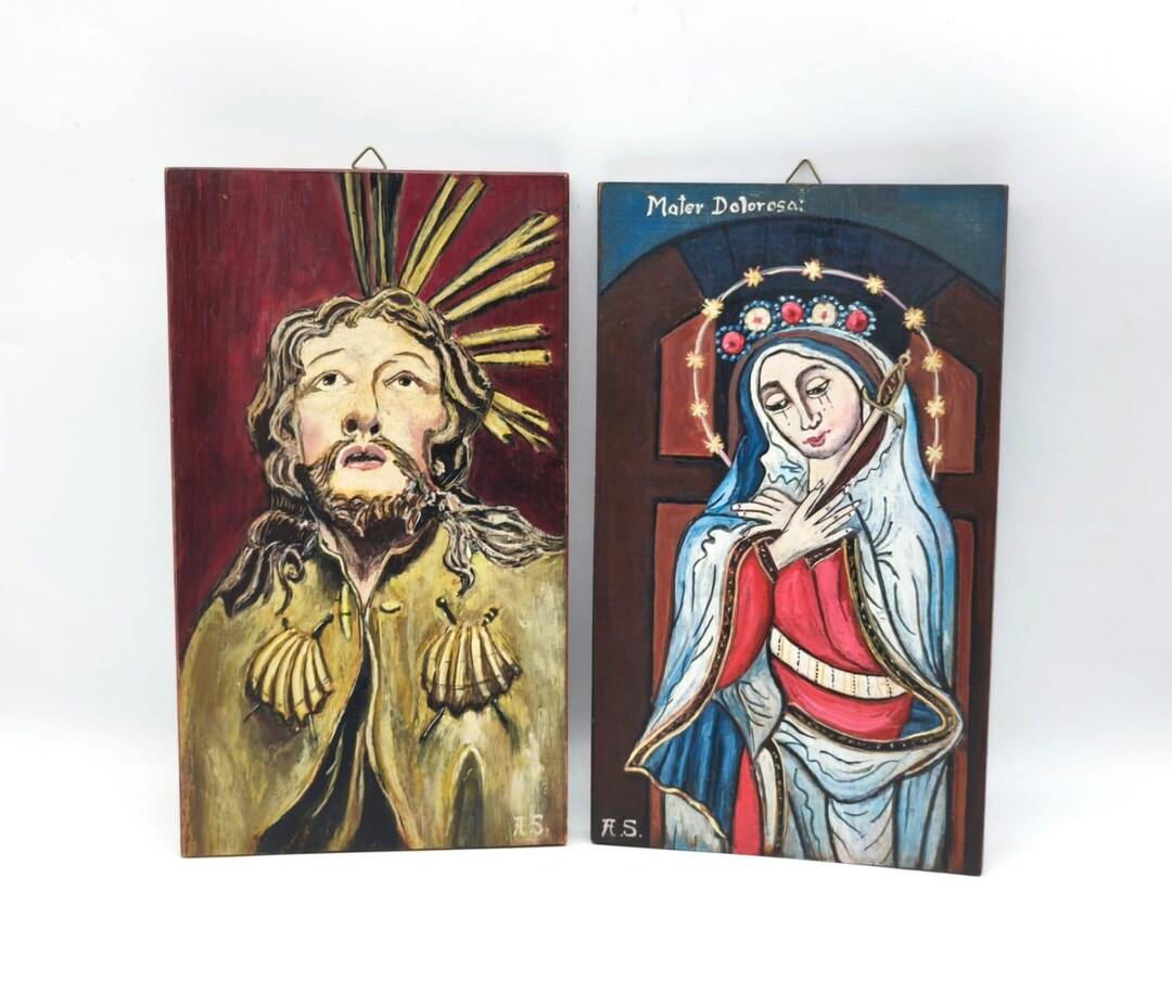 Vintage Bavarian Folk Art, Hl. Rochus & Mater Dolorosa Wood Panels ...