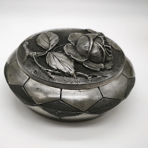 Antique Petizon Signed Pewter Box, Rose Motif French Trinket Box, Art Nouveau Bonbonnière, Antique Trinket Dish With Lid