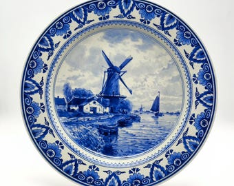 Plato colgante de pared vintage Royal Delft, plato base de porcelana pintada a mano, decoración de pared grande, plato de Delft blanco y azul