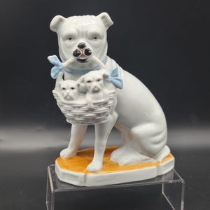 Vintage German Porcelain Bulldog Figurine with Basket of Puppies,  Staffordshire Style Dog Statuette