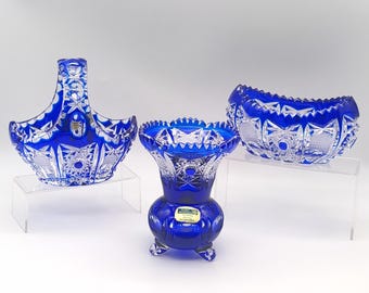 Juego de cristal de plomo azul cobalto tallado a mano de estilo vintage: Schöler & Warmensteinach, Alemania