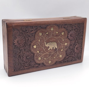 Vintage Indian Wooden Jewellery Box, Hand-Carved Keepsake, Wood & Brass Jewelry Organiser, Elephant Trinket Box, Velvet Lined Jewelry Casket
