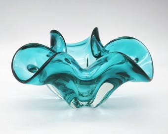 Vintage Murano Glass Ashtray, Decorative Turquoise Bowl, Glass Art Ashtray, Hand-Blown Clear Centrepiece