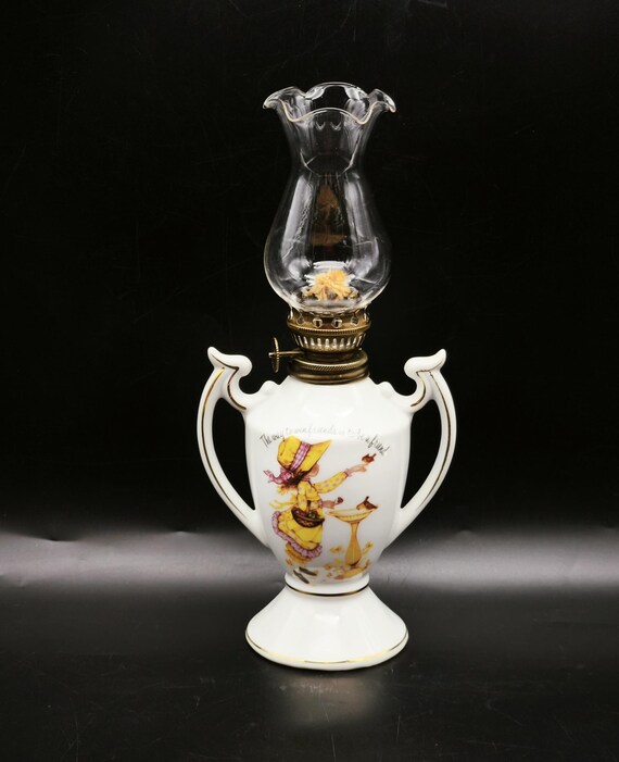 Vintage Petticoats and Pantaloons Porcelain Ornamental Oil Lamp, Decorative Lamp From Japan, Girl And Birds Illustration