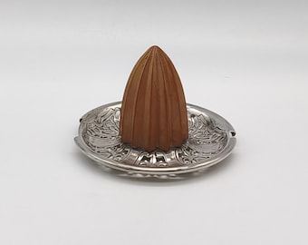 Vintage Art Nouveau Silver Metal Citrus Squeezer with Honey-Amber Reamer, Elegant Barware, Collector's Juicer, Silver Lemon Squeezer