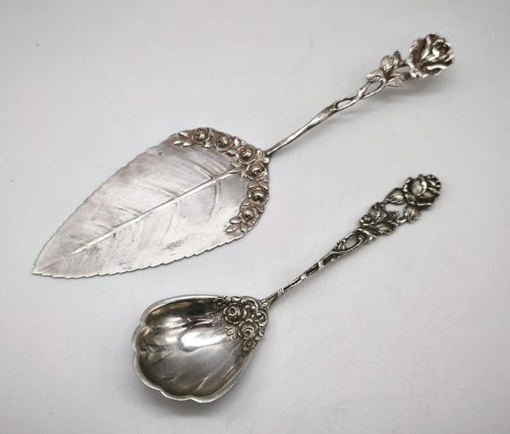 Vintage German Solid 800 Silver Hildesheimer Rose Cake Lifter or Cream Serving Spoon, Rose Pattern Silverware,  Pastry Lifter & Desert Scoop