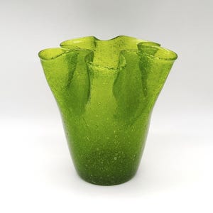 Vintage Murano Style Green Pulegoso Art Glass Vase, MCM Hand-Blown Bubble Glass Vase,  Lime Green Textured Art Glass Centrepiece