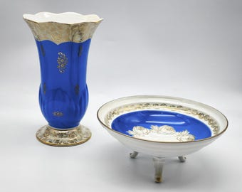 Vintage Tillowitz Porcelain Vase, RS Tillowitz EPOS Bowl On Feet, Blue Art Deco Centrepiece, Gold Floral Accents Vase, Rose Pattern Bowl