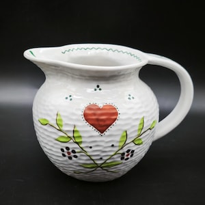 Vintage Schaubach Milk Jug,  Hand Painted Wallendorf Creamer, Decorative Ceramic Pitcher, Vintage Stoneware Jug With Heart And Leaves