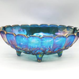 Vintage Indiana Glass Harvest Grape Bowl, Iridescent Blue Carnival Glass Footed Fruit Bowl,  Indiana Glass Footed Serving Dish