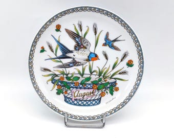 Plato vintage Hutschenreuther, serie de pájaros "Mes del año" de Ole Winther, arte mural de porcelana alemana, plato decorativo para colgar en la pared, agosto
